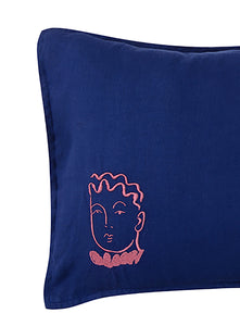 Emile Blue Linen Embroidered Cushion Cover