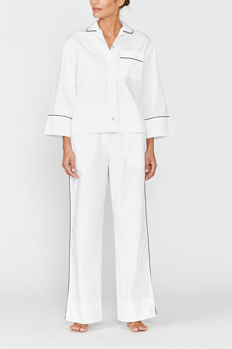 Cleo White Luxury Cotton Pyjama Set - Black Piping
