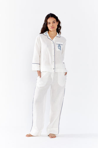 Embroidered Aubrey White Linen Pyjama Set