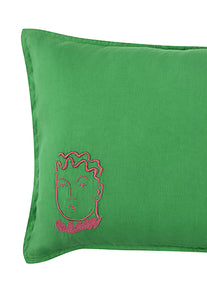 Emile Green Linen Embroidered Cushion Cover