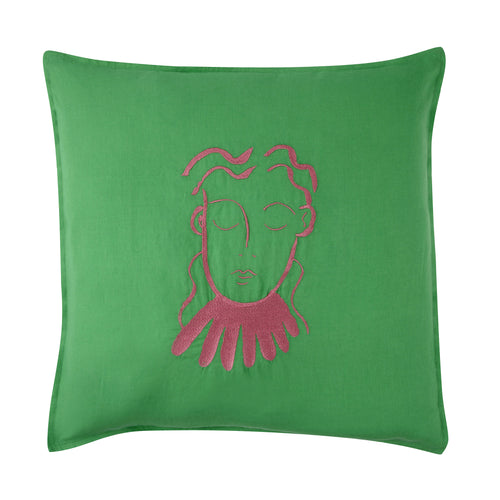 Elodie Green Linen Embroidered Cushion Cover