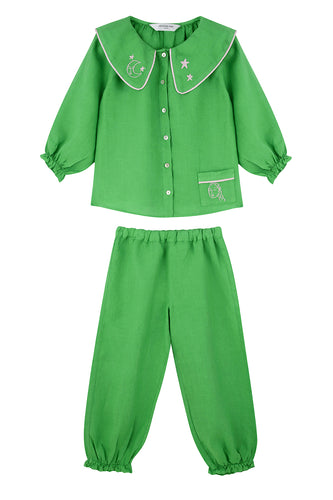 Mini Aubrey Green Linen Kids Pyjama Set