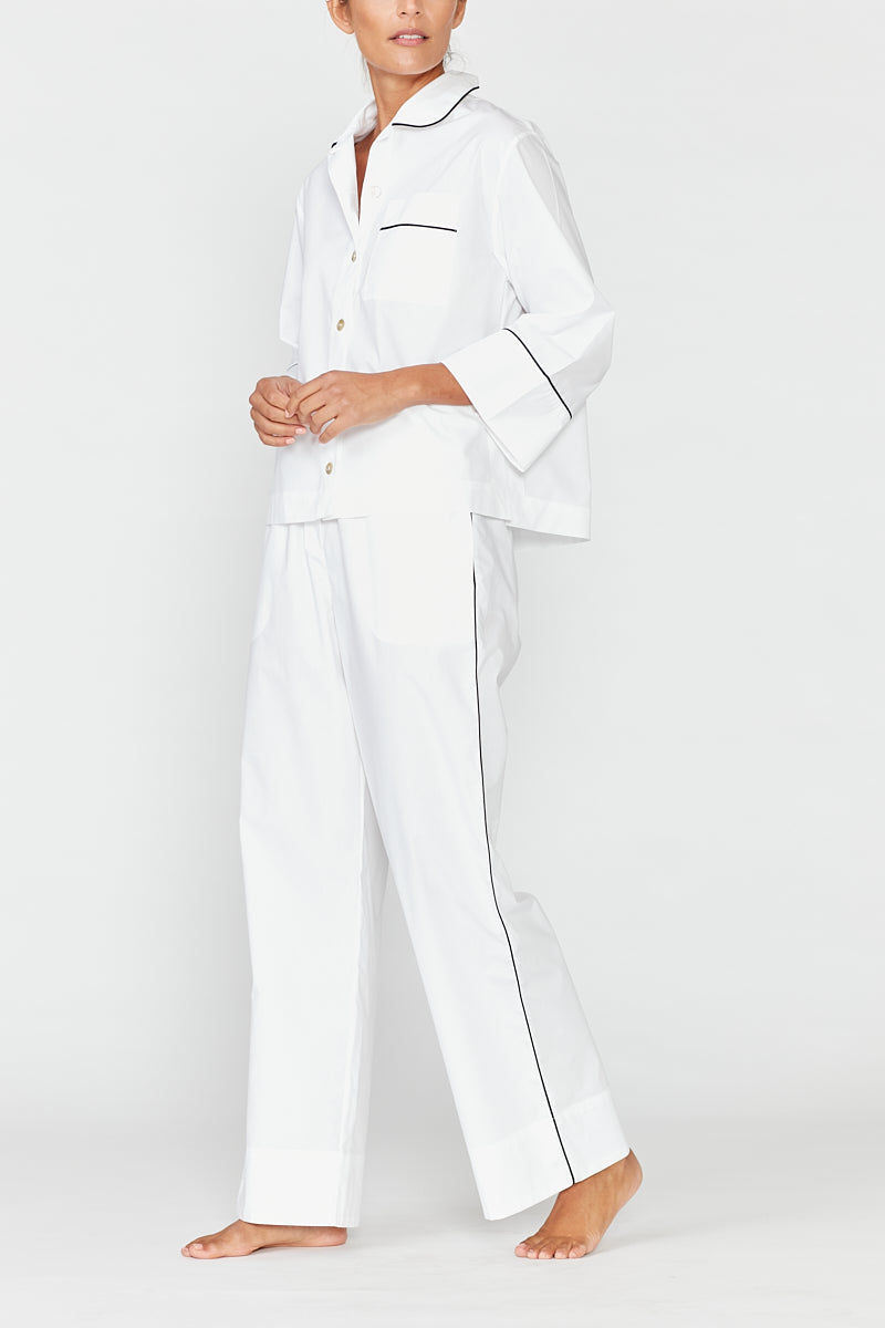 Cleo White Luxury Cotton Pyjama Set Black Piping Hesper Fox