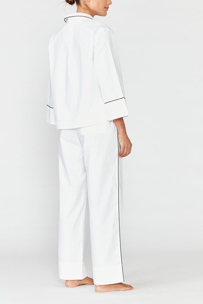 Cleo White Luxury Cotton Pyjama Set - Black Piping | Hesper Fox