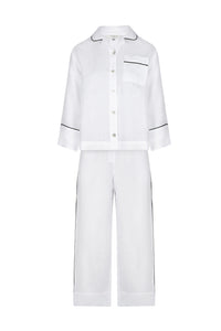 Aubrey White Linen Pyjama Set with Black Piping